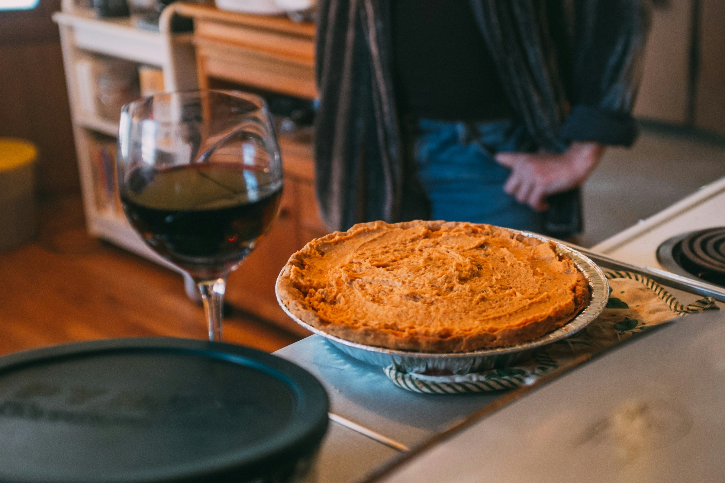 pie on blue and white ceramic plate